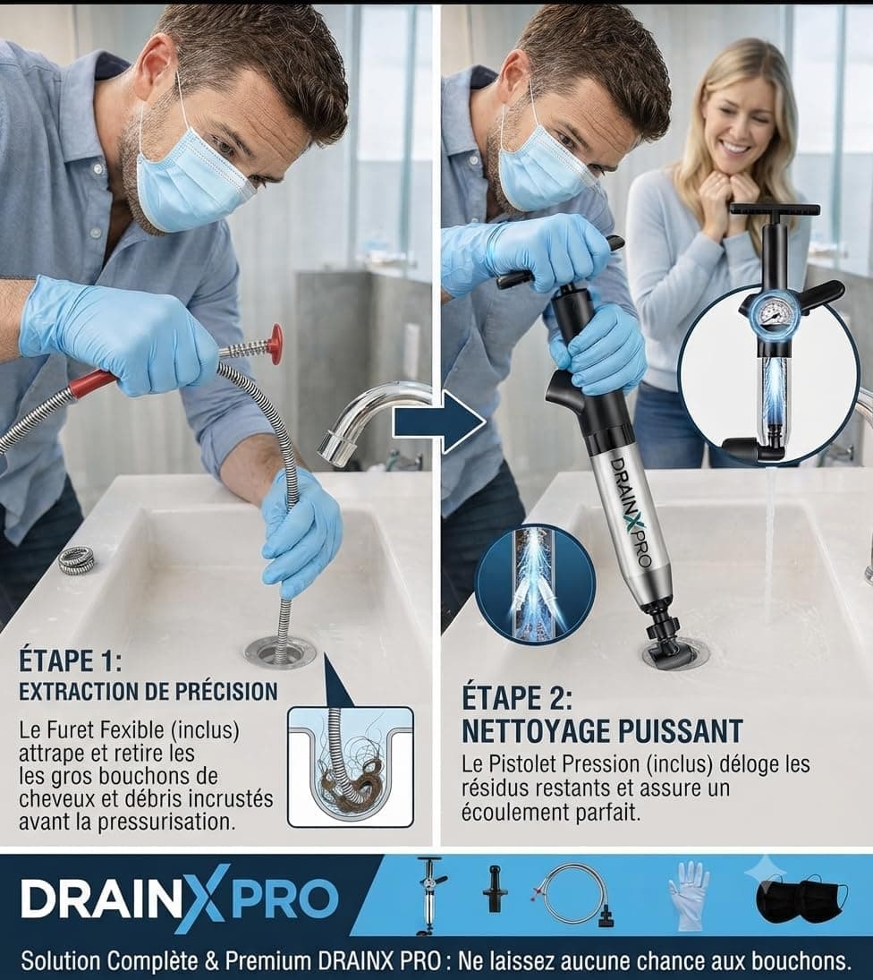 DRAINx Pro Kit Débouchage Canalisation 7 en 1 avec Furet Métallique, Gants et Masques