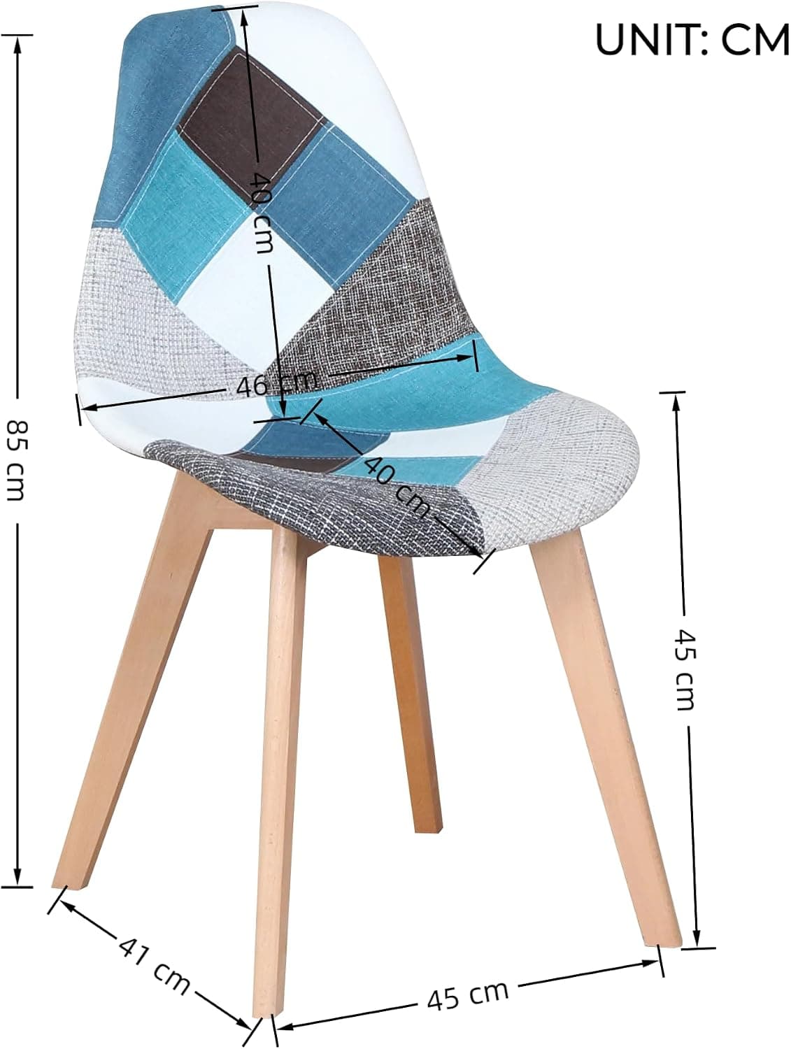 Lot de 4 chaises de Salle à Manger, Fauteuil scandinave Patchwork rembourré pour Cuisine et Bureau, Coussin de siège en Coton et Lin, Pieds croisés en hêtre (Bleu, 4)