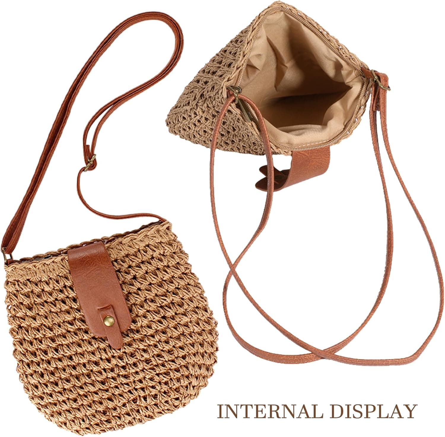 Sac en Paille Femme, Sac à BandoulièRe en Paille pour Femme, Style Boho Fait Main Avec Bandoulière et Fermeture Éclair, pour Plage, Voyage et Prendre des Photos