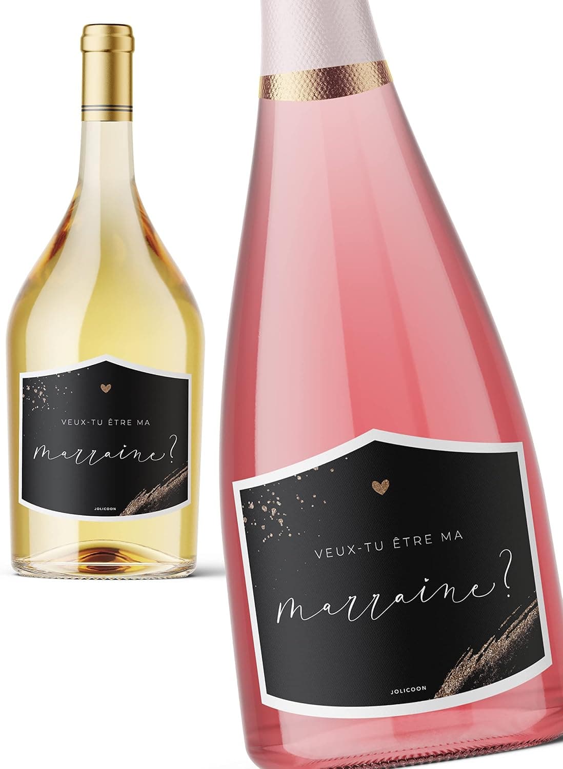 JoliCoon Étiquette bouteille Veux-tu être ma marraine, demande marraine | Papier nacré structuré, forte adhérence, pour bouteilles de vin, de champagne, de prosecco et autres formes de bouteilles