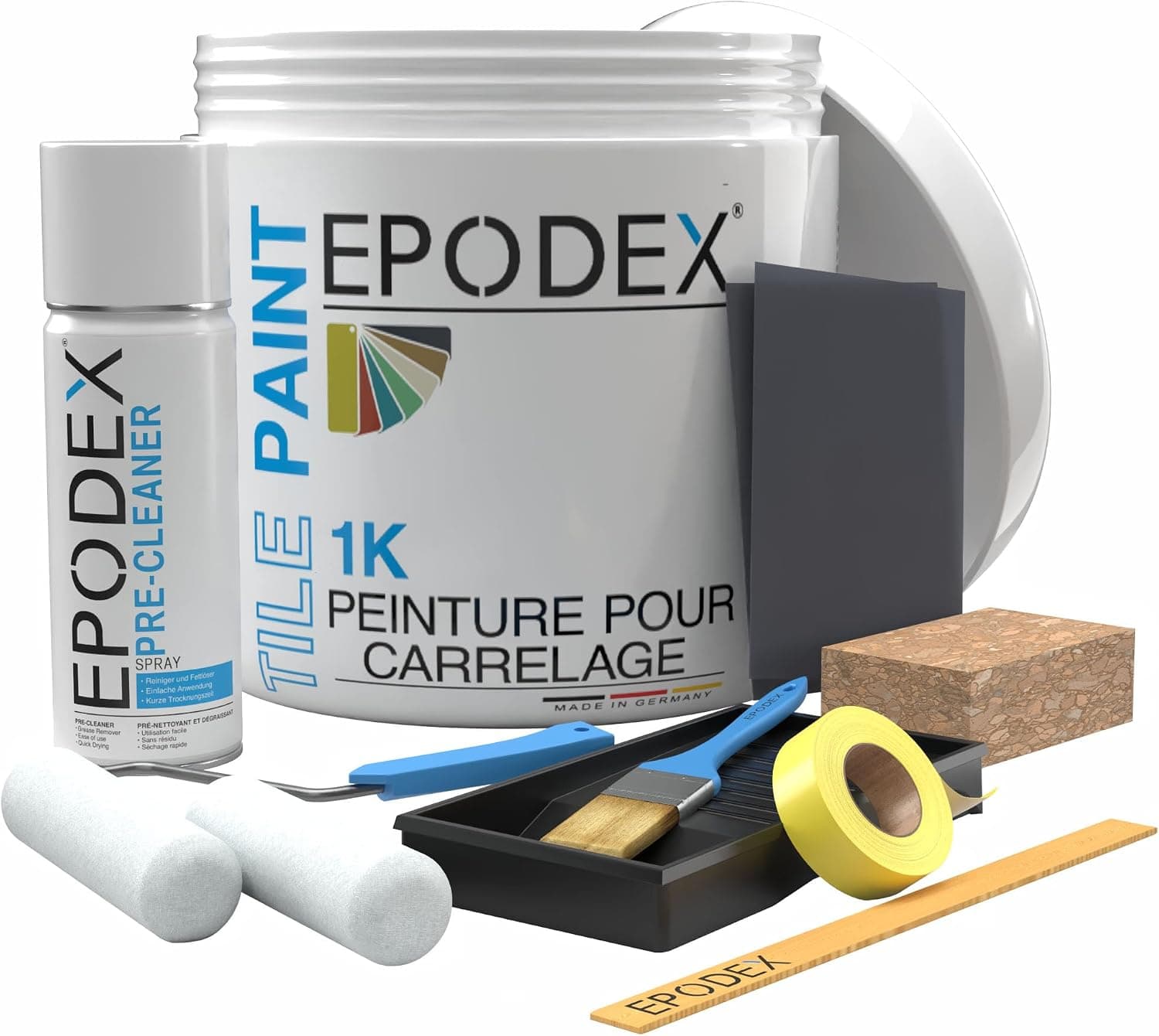 EPODEX 1K Peinture carrelage cuisine avec accessoires - Blanc Polaire | Vernis carrelage mur cuisine, salle de bain & plus, peinture satinée, 1 kg (une couche sur 8m2)