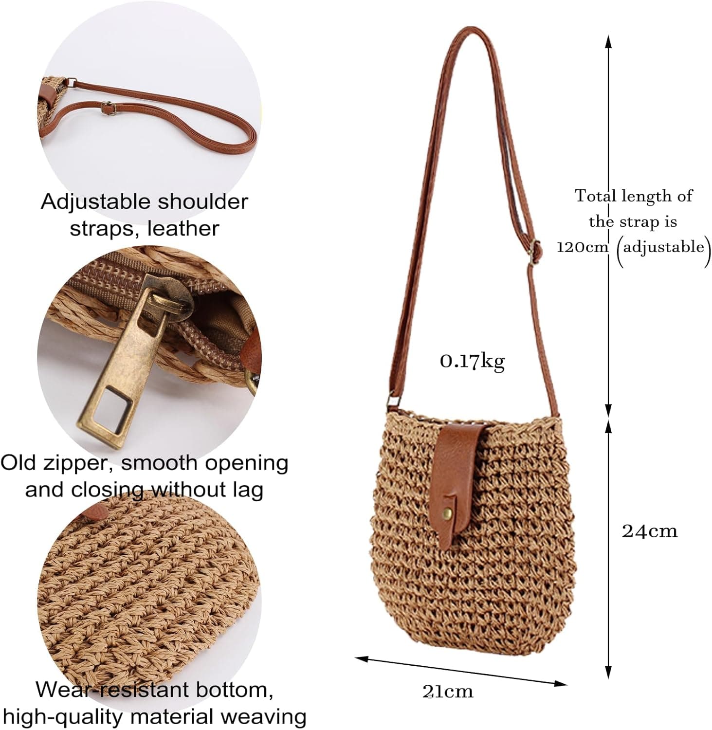 Sac en Paille Femme, Sac à BandoulièRe en Paille pour Femme, Style Boho Fait Main Avec Bandoulière et Fermeture Éclair, pour Plage, Voyage et Prendre des Photos