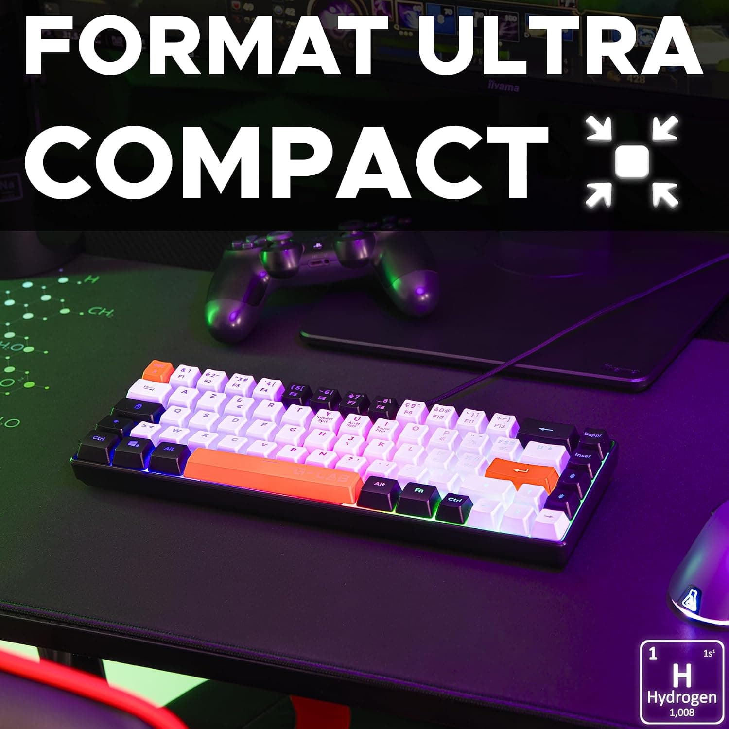 The G-Lab Keyz Hydrogen, Clavier Gamer 60%, Semi-mécanique Filaire Azerty, Rétroéclairage Multicolore- Mini Clavier Gamer Silencieux, Format Compact TKL - PC/PS5 (Noir/Blanc/Orange) | Filaire USB, Format 60% Compact, Semi-mécanique, Rétroéclairage Multicolore, Silencieux, Noir/Blanc/Orange