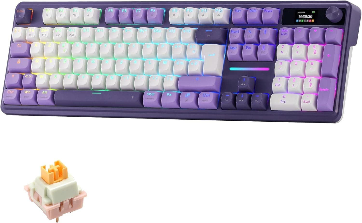 Redragon K762 Pro Clavier Mécanique AZERTY sans Fil Écran TFT et Molette | Tri Mode 2,4 GHz BT USB C Gasket 5 Couches Amortissement Touches PBT Rondes Switch Yolk Linéaire