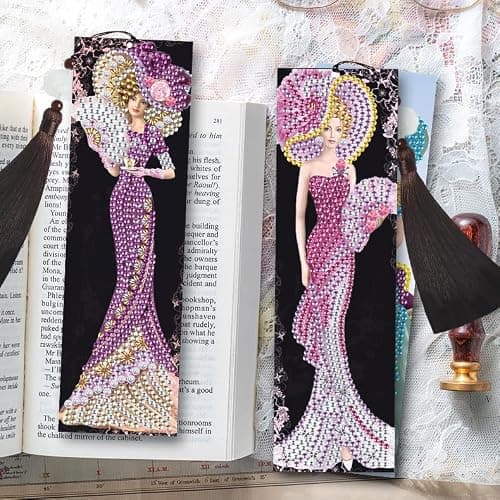 DCIDBEI Diy Diamond Painting Signets, Marque-page Lot 2 kit de Broderie Diamant,Diamond Art Surprise Tableau Kit Diamant Cadeau pour Anniversaire Noël(Femme Dame en Robe Violet et Rose)
