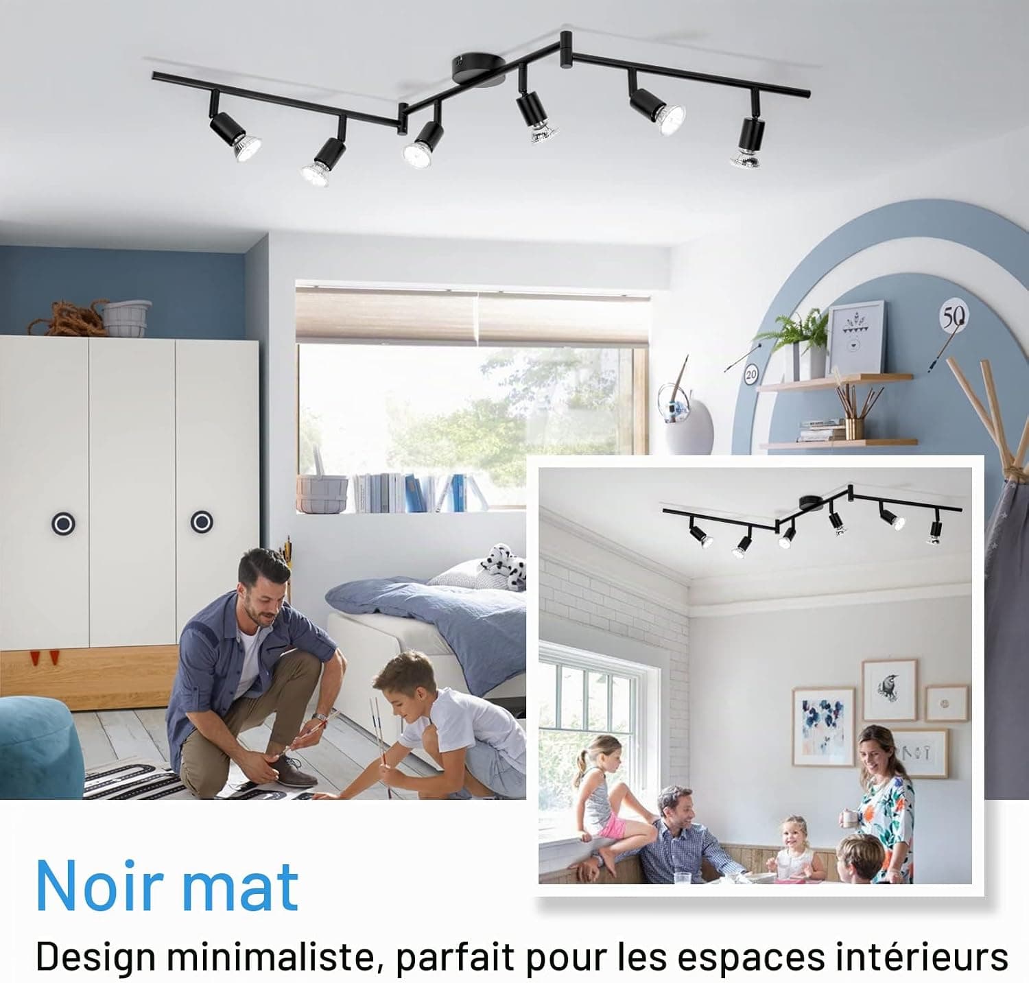 wowatt Plafonnier 6 Spots LED Noir avec GU10 5W Blanc Froid 6000K Ampoules | Moderne Rampe Interieur Plafond Orientable, Rail Luminaire Plafonnier Spot pour Chambre Salon Salle à Manger Cuisine Couloir
