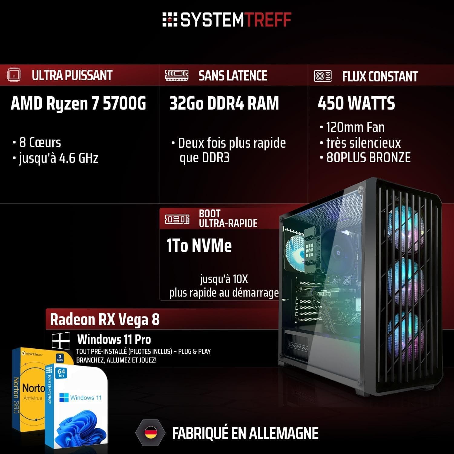 SYSTEMTREFF PC Gamer Basique - AMD Ryzen 7 5700G - 32Go RAM - 1To M.2 SSD