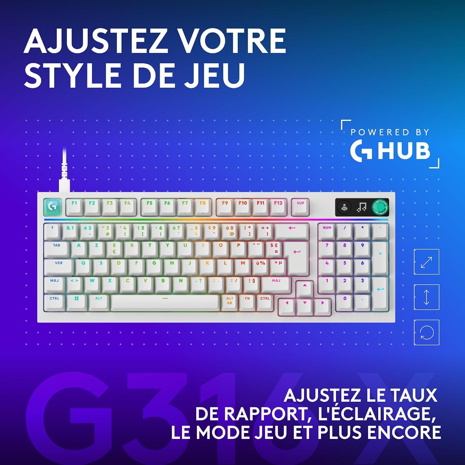 Logitech G G316 X 98, Clavier Gaming | 8 kHz, switchs tactiles hot-swap, structure joint, LED & molette, touches PBT, USB-C, RVB LIGHTSYNC, PC, FRA AZERTY - Blanc