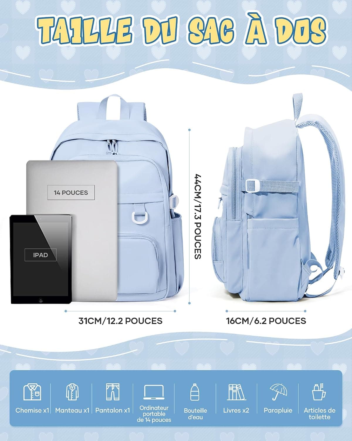 Sac à Dos College Homme Femme, Résistant Cartable Garcon Fille, Sac à Dos Scolaire Adolescents, Sac a dos avec Multi-poches, Loisir Unisexe Zaini Backpack,Bleu