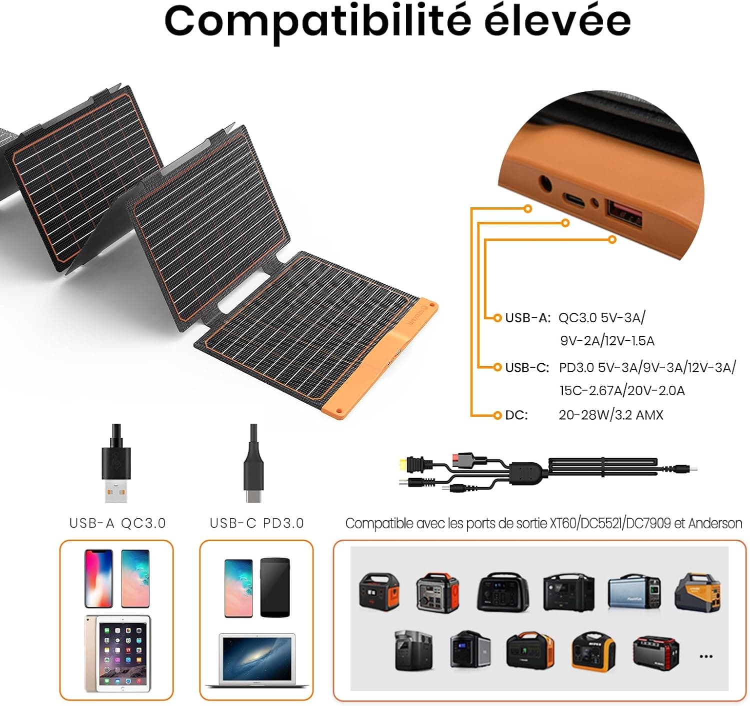 Panneau Solaire 60 W, FlexSolar Portable Chargeur Solaire Pliable