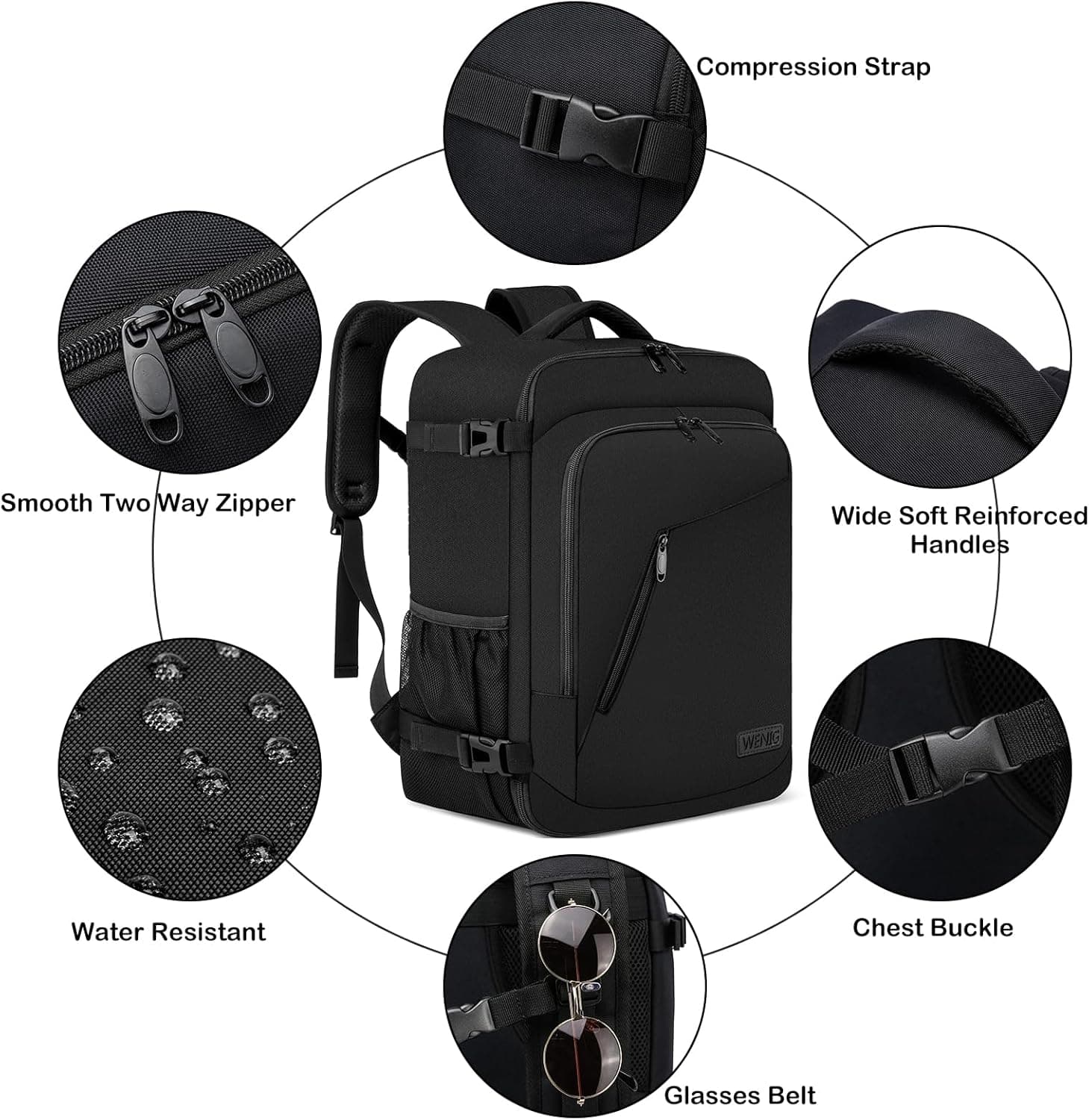 WENIG Bagage Cabine 40x30x20 pour Ryanair Sac à Dos Voyage Cabine Avion pour Wizzair Eurowings 24L Bagage à Main avec USB Charging Port Sac à Dos Ordinateur Portable 14 Pouces Homme Femme Noir