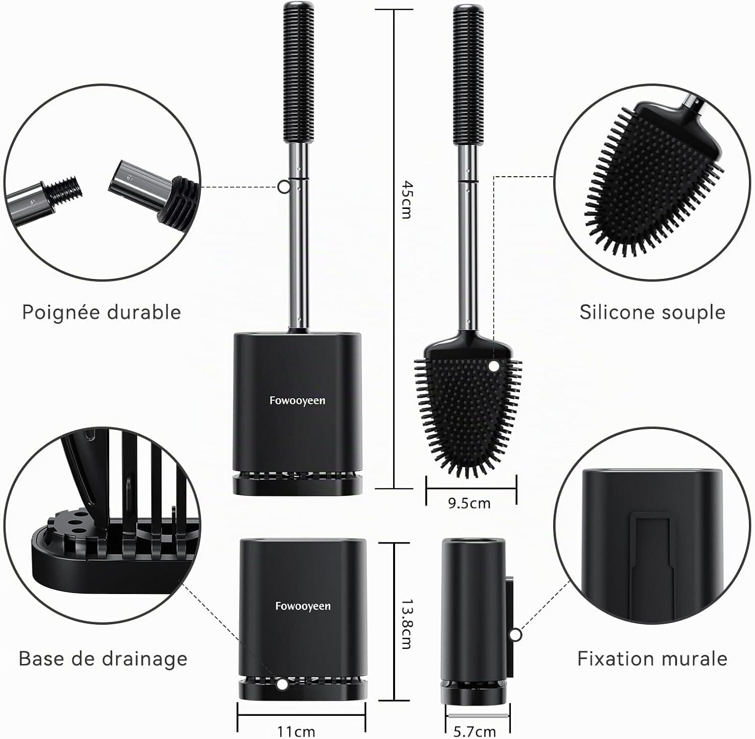 Fowooyen Brosse Toilettes WC Silicone, Balayette avec Support, Noir