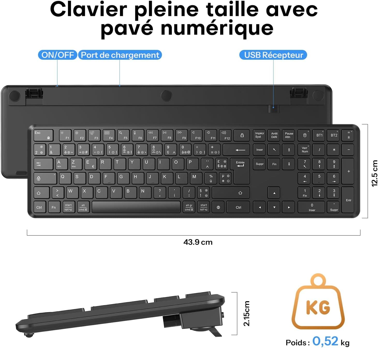OMOTON Clavier sans Fil Bluetooth + 2.4G AZERTY pour PC/Windows/Mac, Noir | 3 Canaux Multi-appareils, Pleine Taille, Rechargeable USB-C, Ultra-Mince, Silencieux, Les Ciseaux, Ergonomique