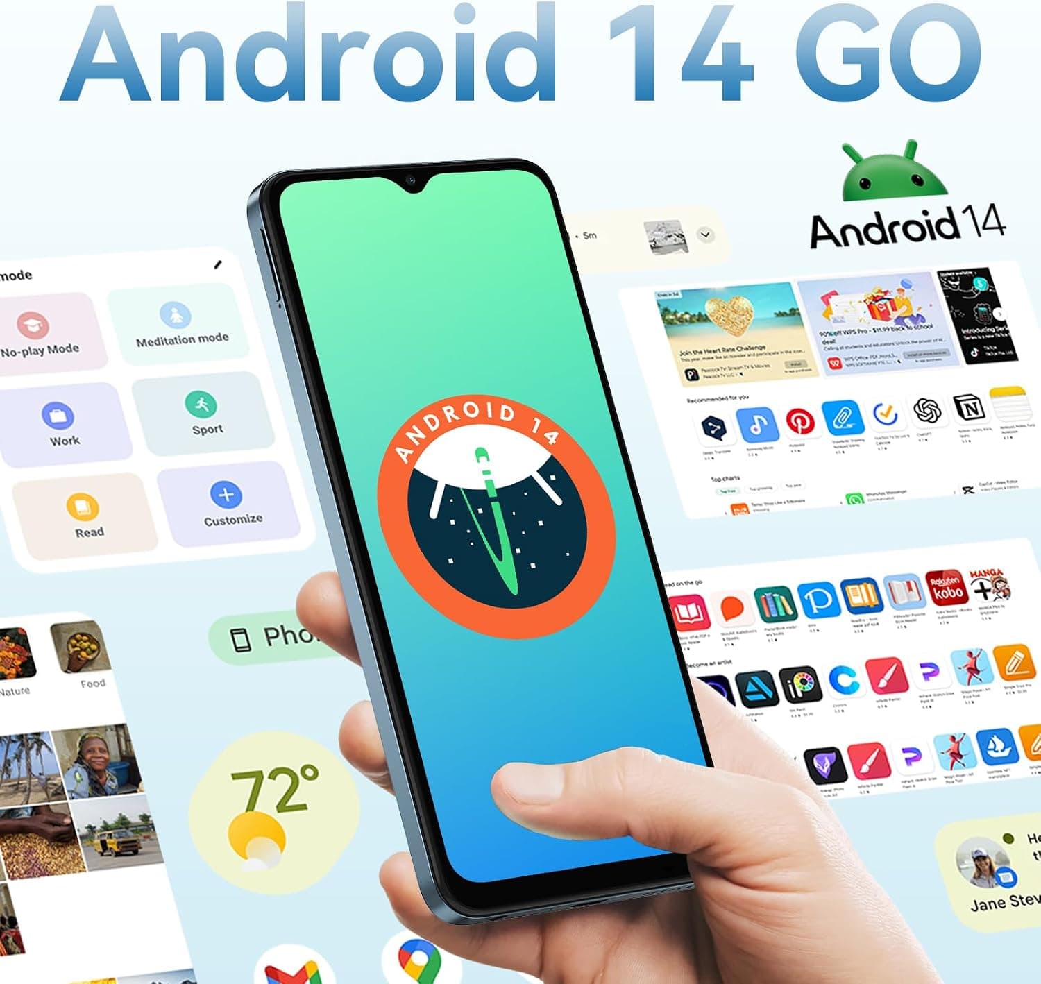Telephone Portable Android, 6Go+64Go/TF 2To, Octa Core, Écran 6.56" HD+, Batterie 5000mAh Smartphone, 13MP+8MP, Smartphone Pas Cher 4G Dual SIM, Face ID/GPS/3Ans De Garantie - Bleu