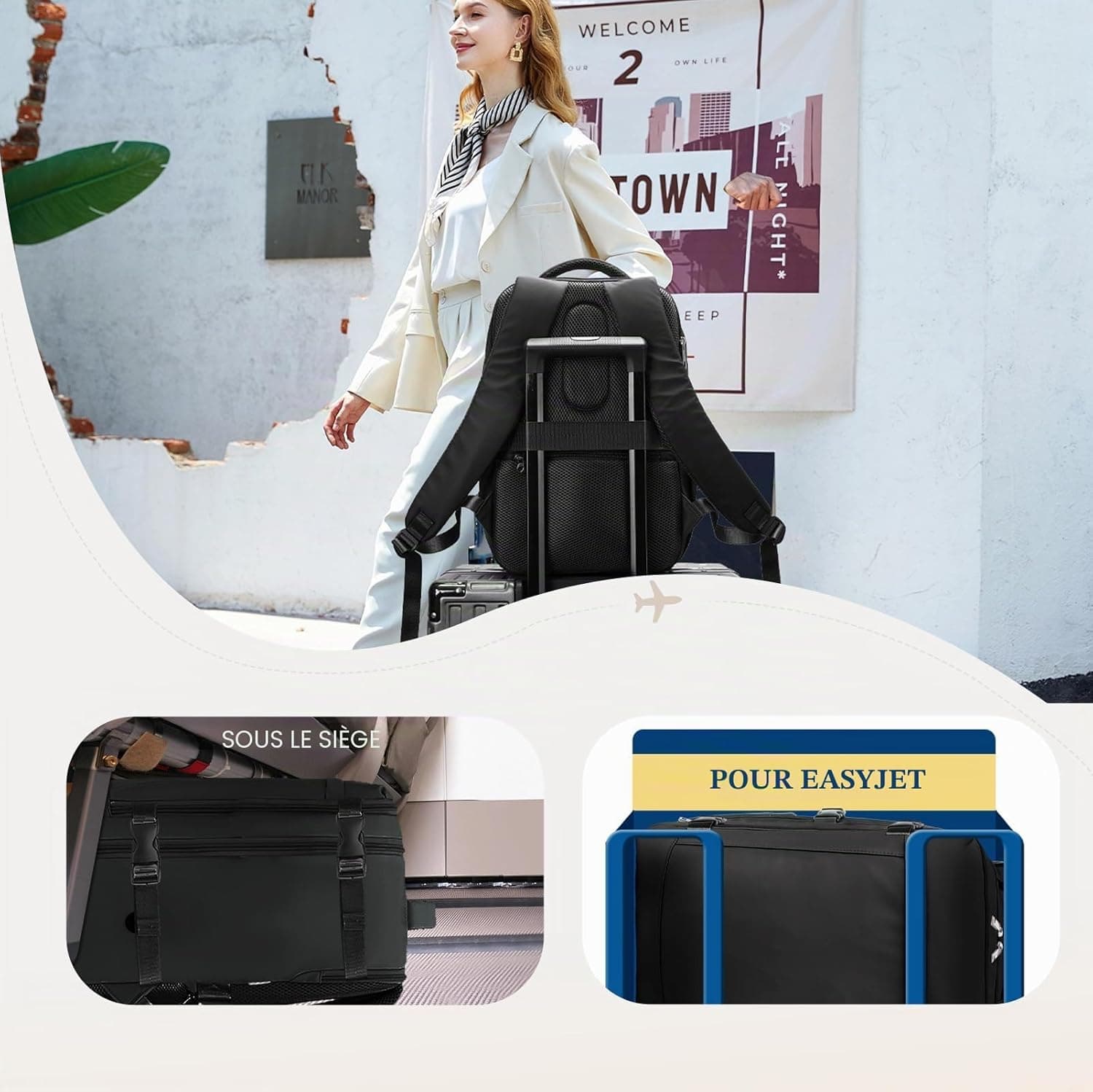 Yankony Sac a Dos Voyage Cabine Avion 45x36x20 Easyjet Bagages Cabine | avec Pochette Antivol Sac de Voyage Femme Résistant à l'eau Valise Bag Main 30L Sac à Dos pour Ordinateur Portable Quotidiens