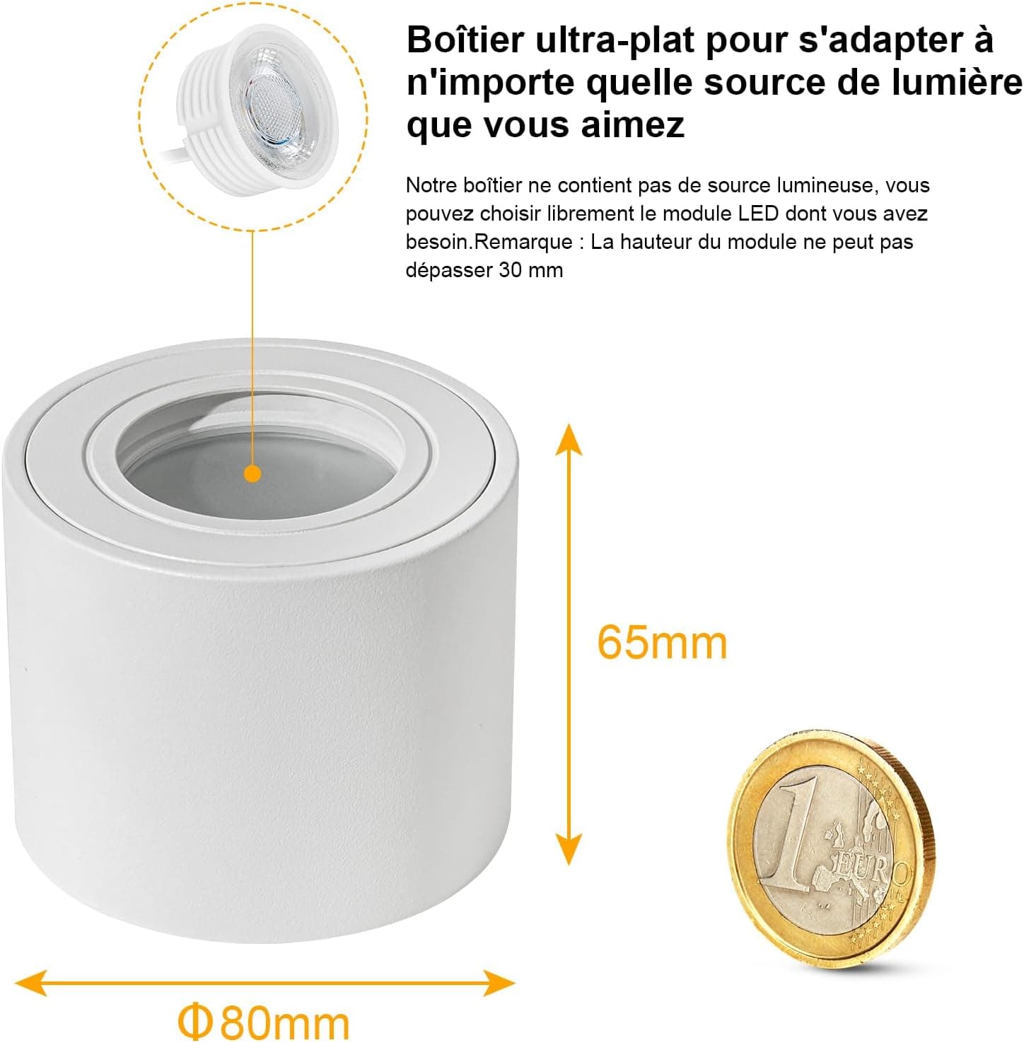 Spot en Saillie IP44, Plafonnier Salle de bain, Spot LED en Saillie Plafond 230V Imperméable, Ø80x65mm aluminium Rond Blanc downlight pour Modules LED, Lot de 4