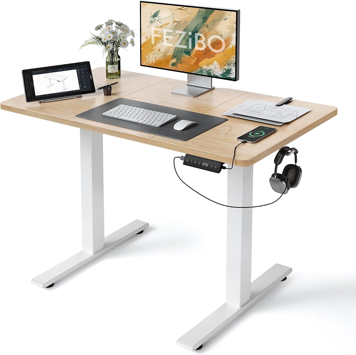FEZIBO Bureau Assis Debout avec Ports de Charge USB-C&USB-A 120×60 cm