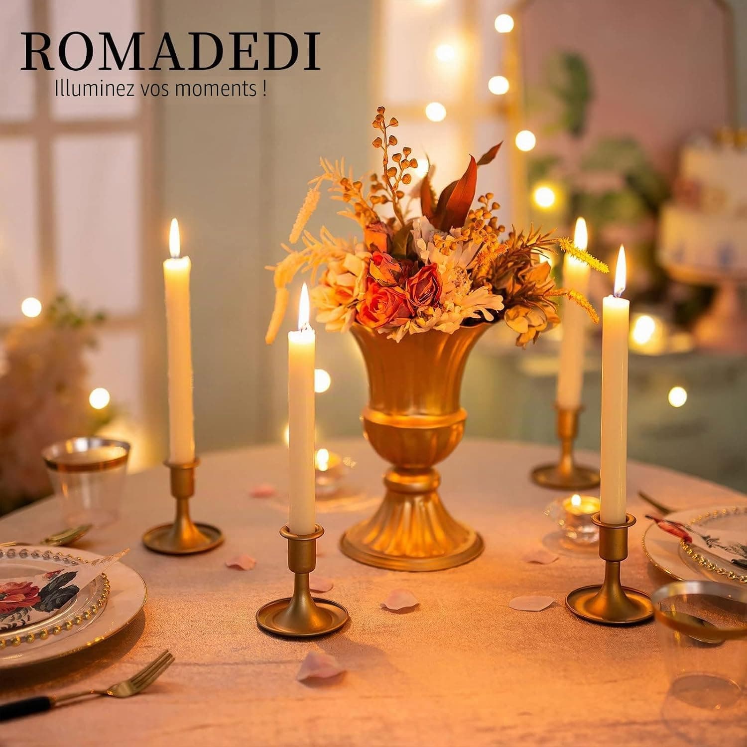 Porte-bougies coniques, Porte-bougies en or Romadedi pour chandelier de table, pour réception de mariage, décoration festive de cheminée de Noël ou décoration d'intérieur, lot de 2