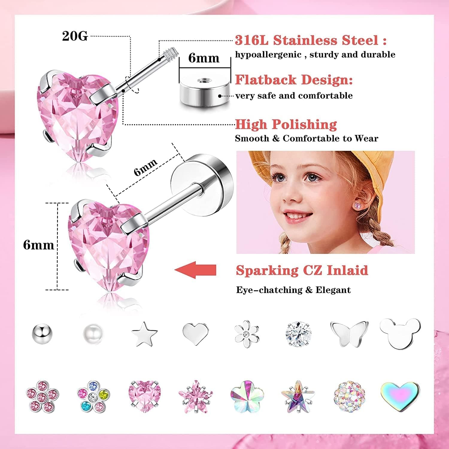 Diamday 16 Paires Boucles d'Oreilles à Vis pour Filles Femmes Acier Inoxydable Petit Cartilage Boucles d'Oreilles CZ Cœur Fleur Étoile Vis Dos Plat Boucles d'Oreilles Tragus Helix Bijoux Multicolore