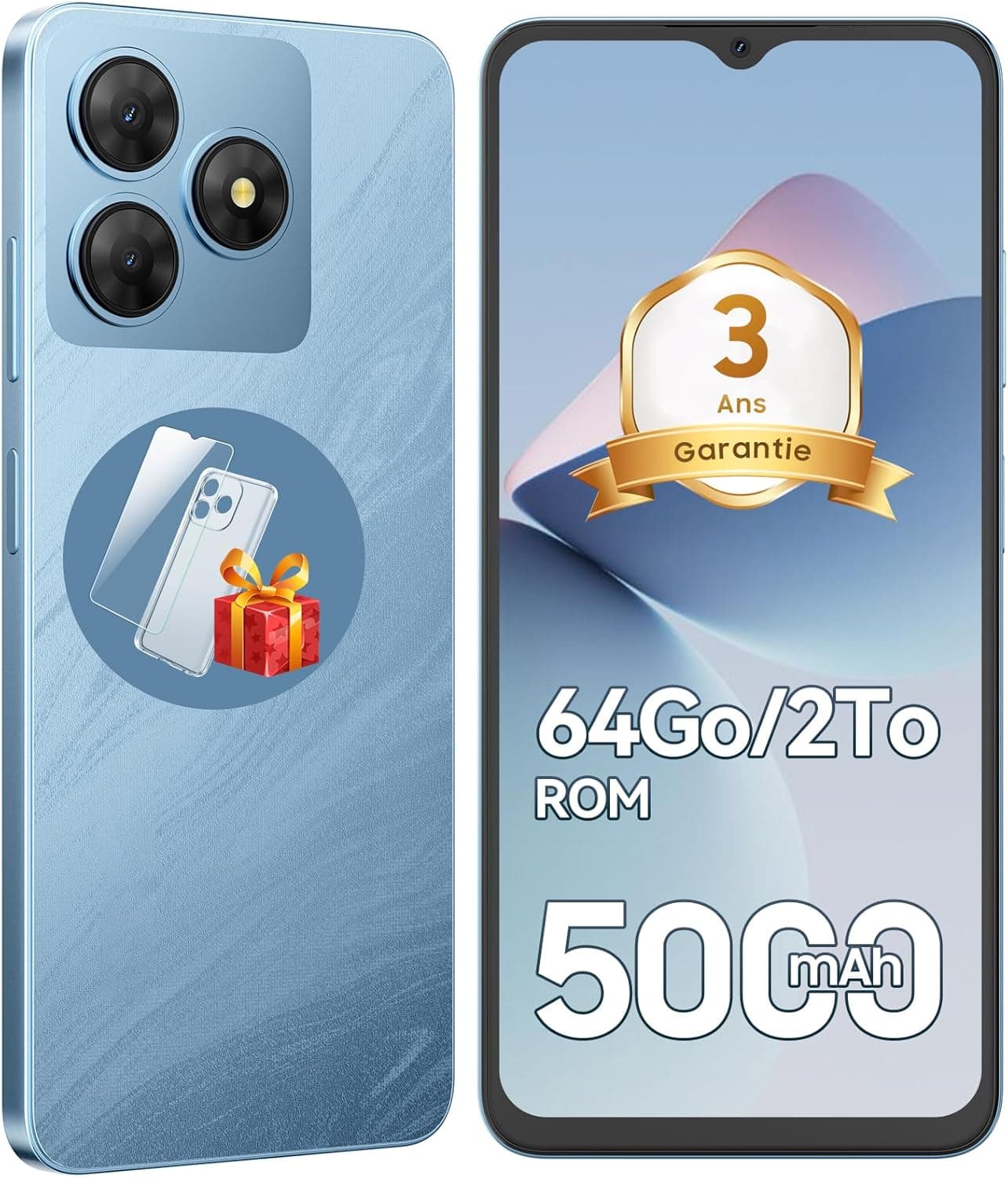 Telephone Portable Android, 6Go+64Go/TF 2To, Octa Core, Écran 6.56" HD+, Batterie 5000mAh Smartphone, 13MP+8MP, Smartphone Pas Cher 4G Dual SIM, Face ID/GPS/3Ans De Garantie - Bleu