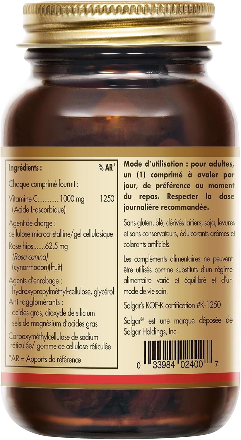 Solgar Vitamine C 1000 mg avec Rose Hips - Défenses naturelles - Système immunitaire - Vitalité et énergie - Immunité - Complément Alimentaire - Flacon de 100 comprimés