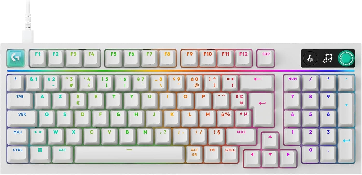 Logitech G G316 X 98, Clavier Gaming | 8 kHz, switchs tactiles hot-swap, structure joint, LED & molette, touches PBT, USB-C, RVB LIGHTSYNC, PC, FRA AZERTY - Blanc