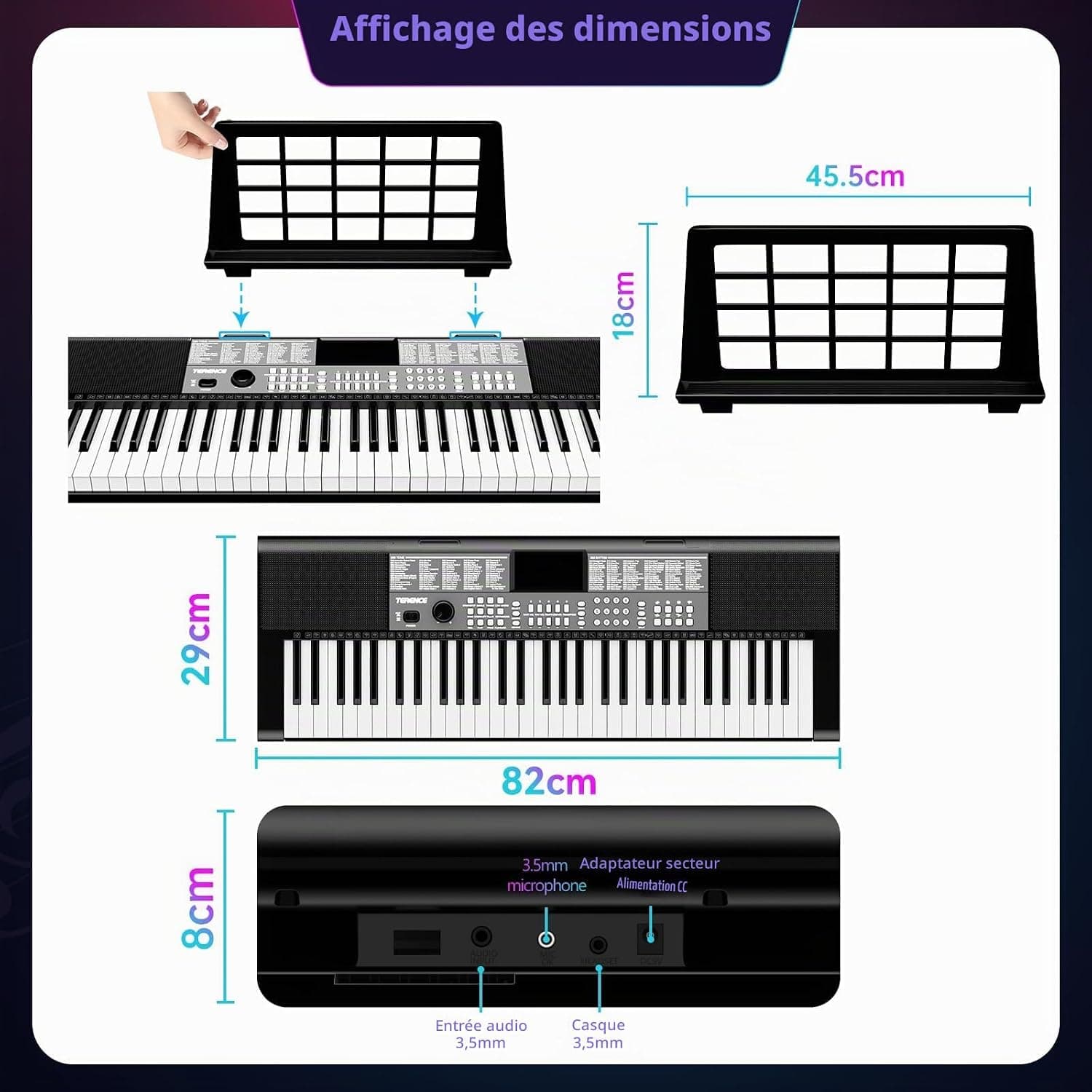 TERENCE Piano Numérique 61 Touches Double Haut-parleur HiFi Clavier Piano avec 51 Touches de Fonction Affichage LED Double Clavier 2 Options d'alimentation Support pour Casque et Microphone