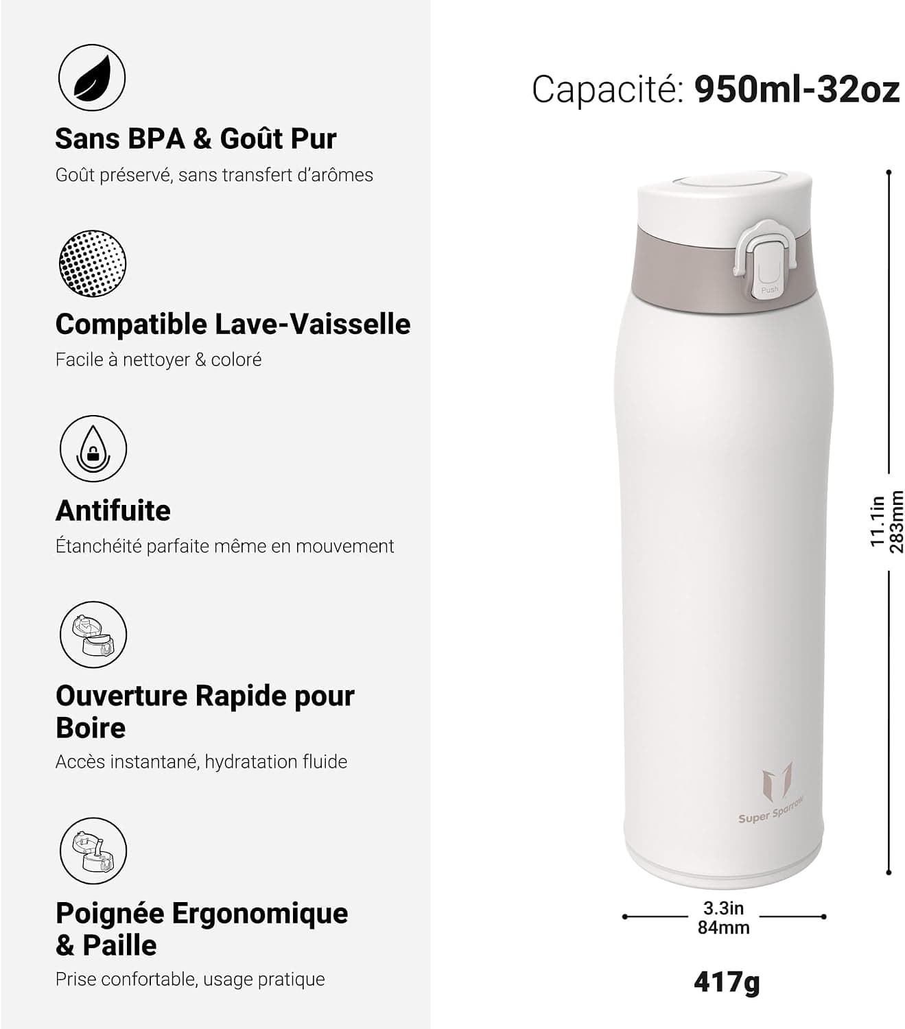 Sparrow Gourde Isotherme 950ml - Bouteille Isotherme - 2 Couvercles