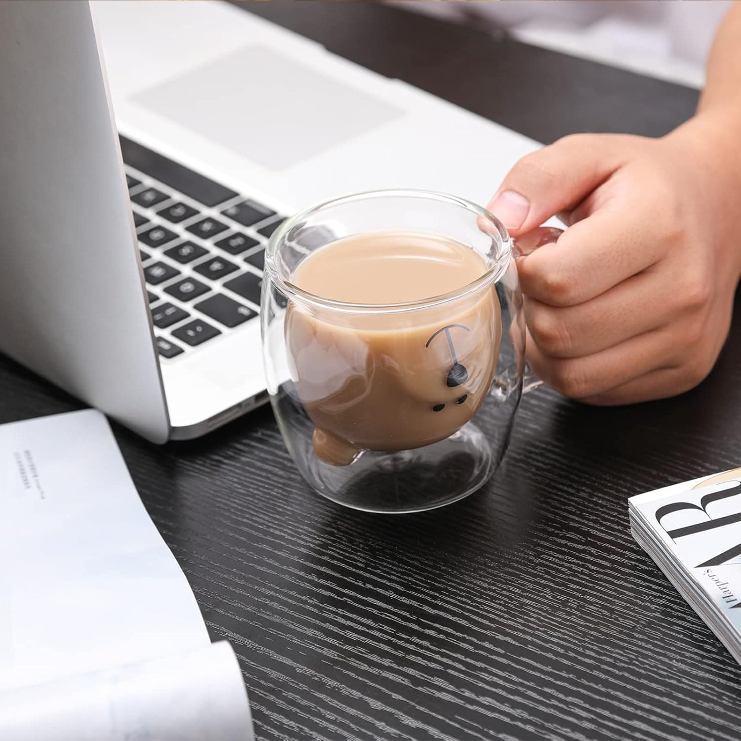 Tasses Ours Mignon Ours mignon de tasses Tasse à thé avec poignée Tasse à lait 250 ml Tasses à expresso en verre isolé à double paroi Verre Cadeau pour Anniversaire Saint Valentin et Bureau