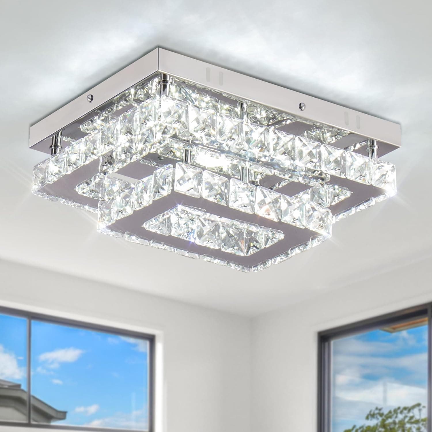 Finktonglan Plafonnier LED en cristal rectangulaire moderne – Lampe de plafond K9 en acier inoxydable, 24W intégré, blanc froid 6500K, pour salon, chambre, salle à manger