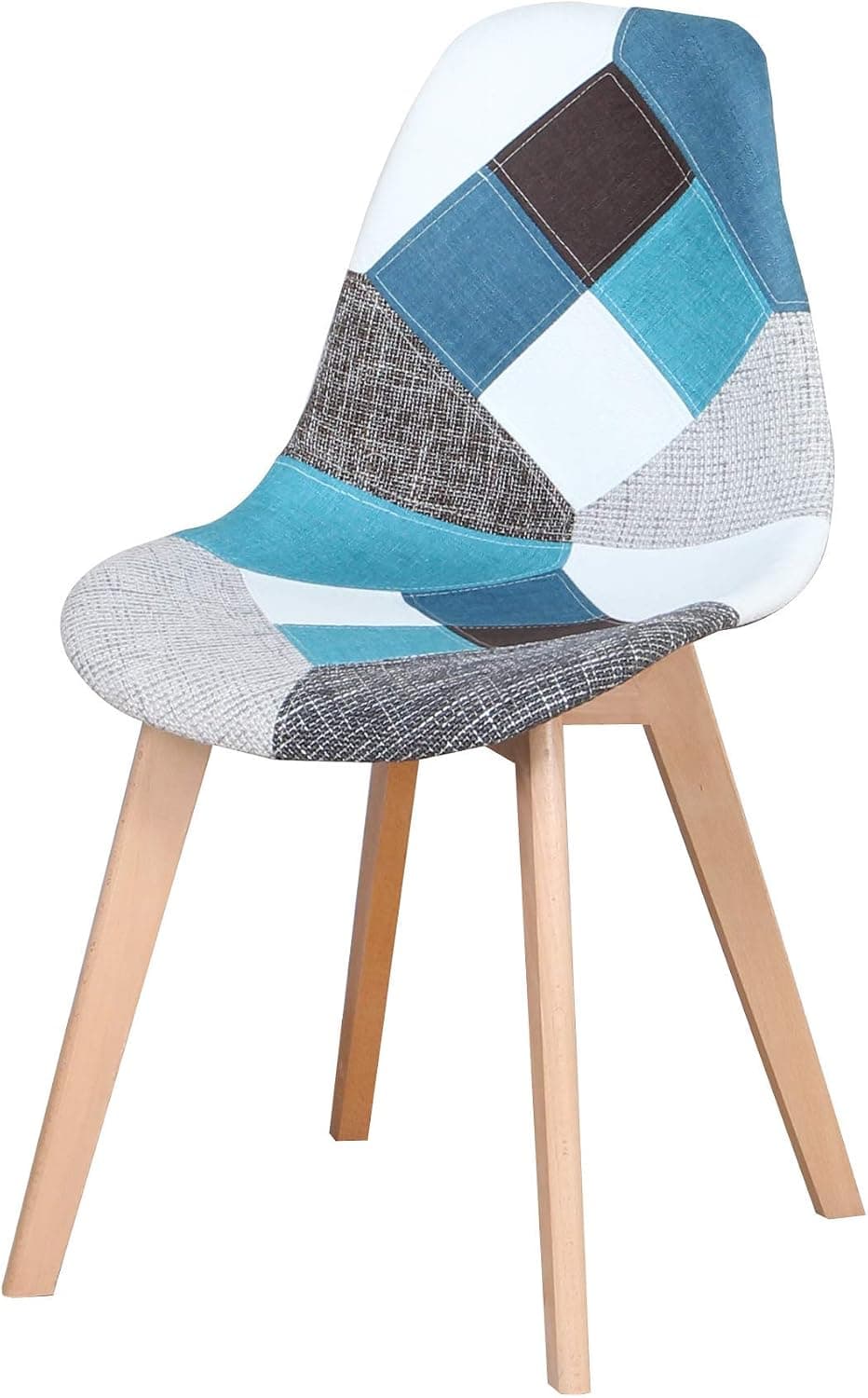 Lot de 4 chaises de Salle à Manger, Fauteuil scandinave Patchwork rembourré pour Cuisine et Bureau, Coussin de siège en Coton et Lin, Pieds croisés en hêtre (Bleu, 4)