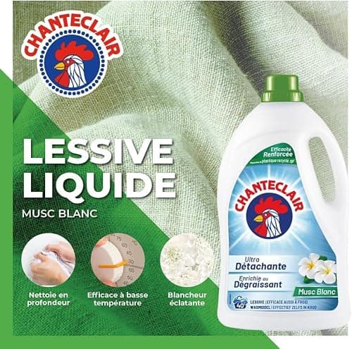 Chanteclair - Lessive Liquide Concentrées Musc Blanc, Enrichie au Dégraissant, Ultra Détachantes et Efficaces aussi à Froid, 40 lavages - 1800 ml x 3