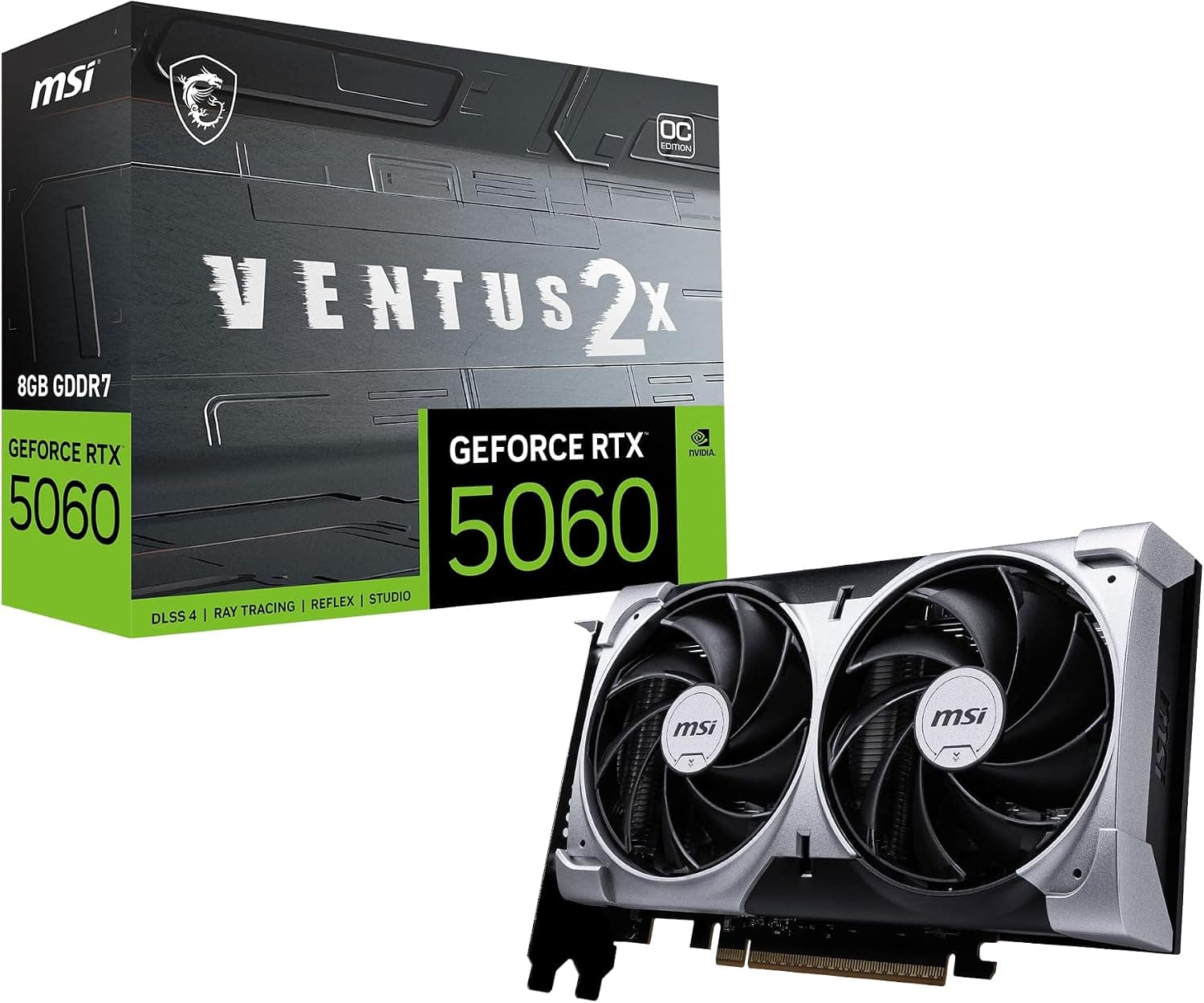 MSI Carte Graphique Gaming RTX 5060 8G Ventus 2X OC (8 Go GDDR7, TBA-bit, Performances extrêmes : 2535 MHz, DisplayPort x3 2.1a, HDMI 2.1b, Nvidia Blackwell Architecture)