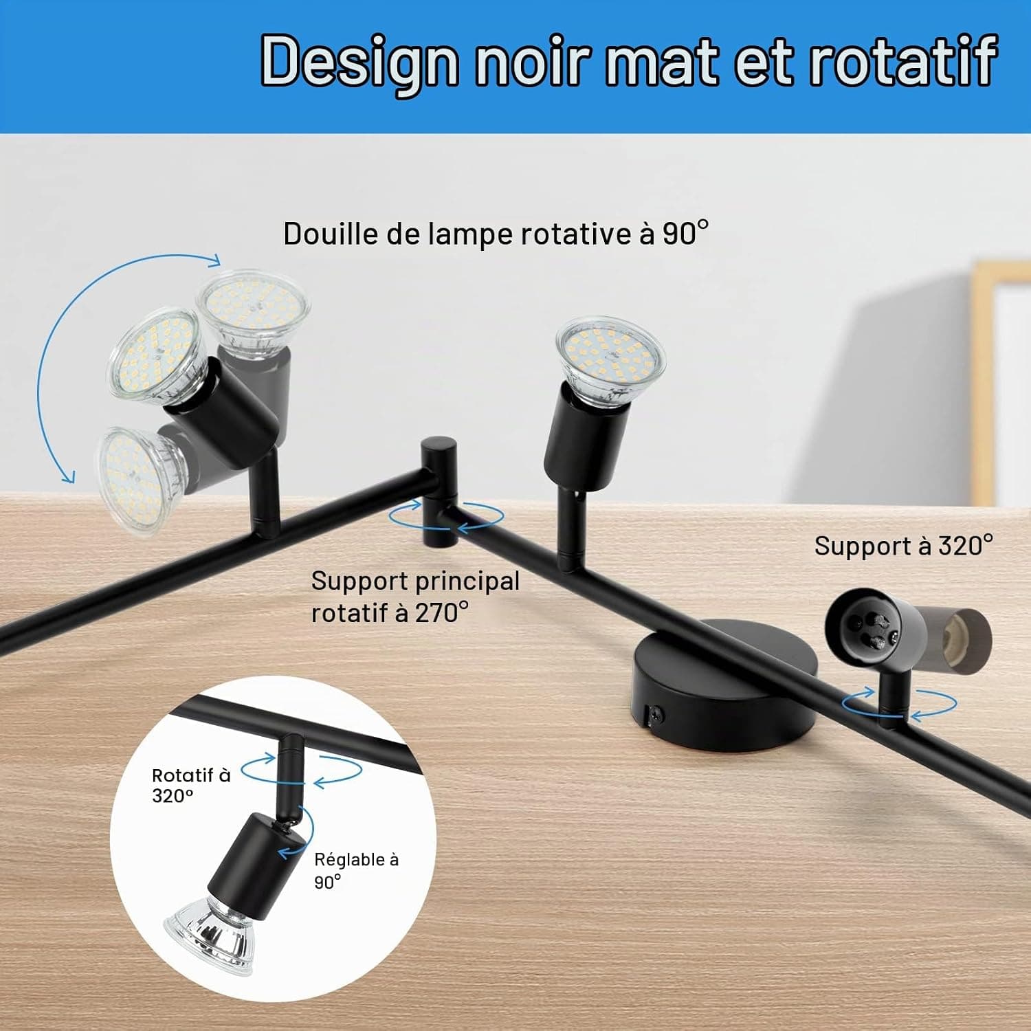 wowatt Plafonnier 6 Spots LED Noir avec GU10 5W Blanc Froid 6000K Ampoules | Moderne Rampe Interieur Plafond Orientable, Rail Luminaire Plafonnier Spot pour Chambre Salon Salle à Manger Cuisine Couloir
