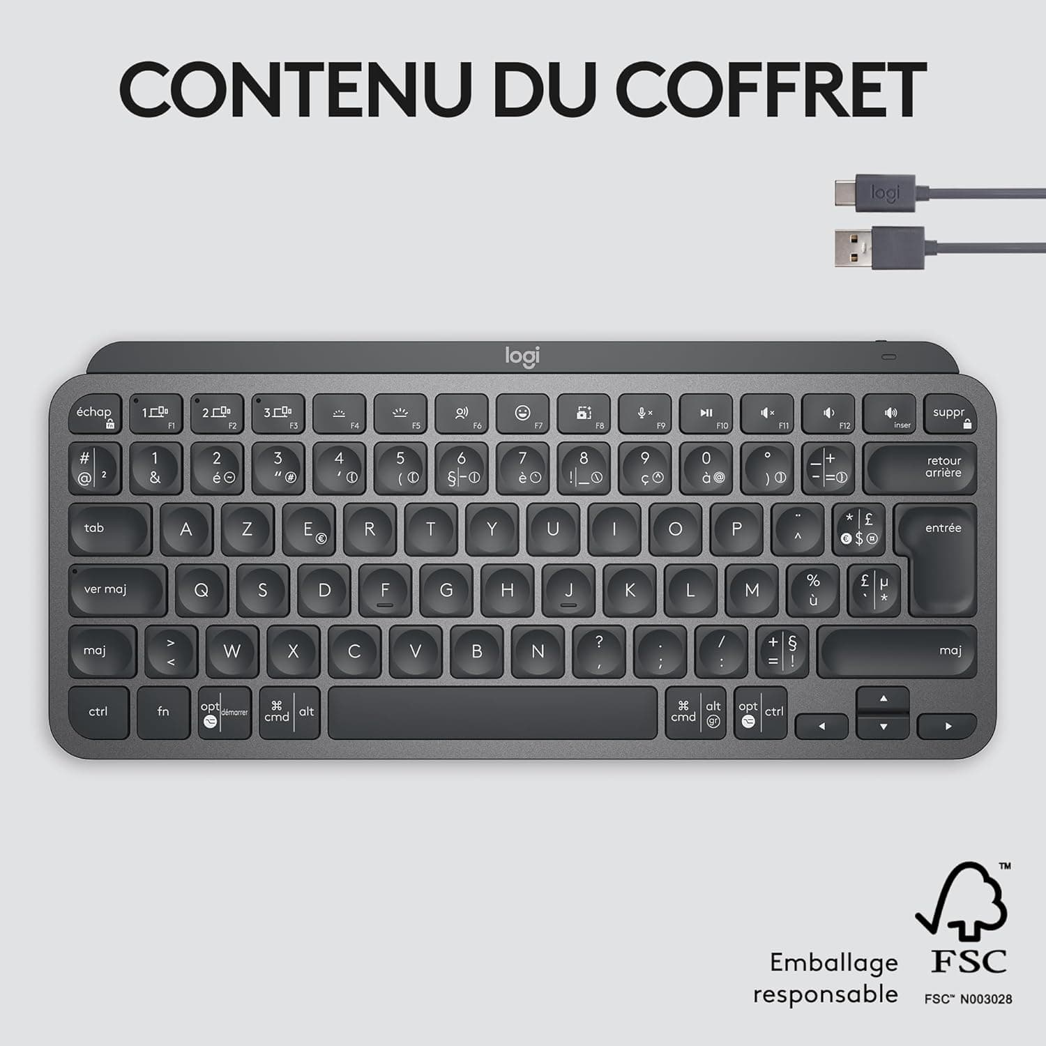 Logitech MX Keys Mini Minimaliste Clavier sans Fil Illuminé | Compact, Bluetooth, Rétroéclairé, USB-C, macOS, iOS, Windows, Linux, Android, Construction métal - Gris foncé
