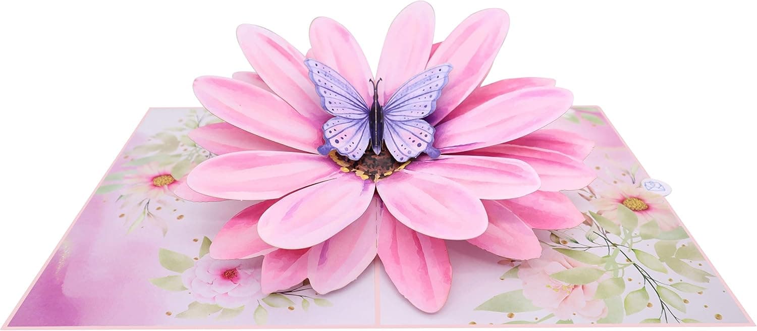 MOKIO® Carte Pop-Up 3D – Fleur et papillon – Carte de vœux | Carte fleurie avec grande fleur et papillon, pour anniversaire, bon rétablissement ou pour offrir de l’argent