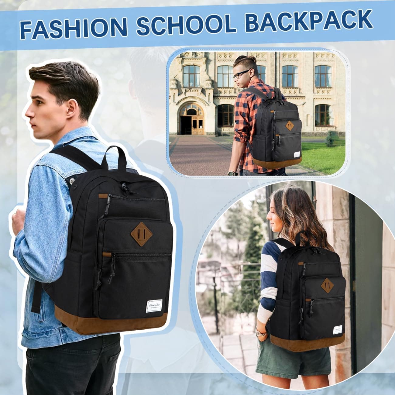 Chase Chic Sac À Dos Homme Femme - Sac D'école Antivol Sac De Ville D'affaires Loisirs Résistant à L'eau Pour College Travail École Voyage Adolescent étudiants 18,8L Noir