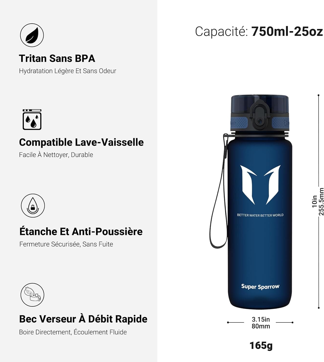 Sparrow Gourde Sport 500ml/750ml/1L - sans BPA - Tritan Plastique Bouteille | Étanche, Gourdes eau, Légère, Lave-vaisselle, Flip Top 1-Clic, Ergonomique, École, Sport, Fitness, Gym, Running, Randonnée