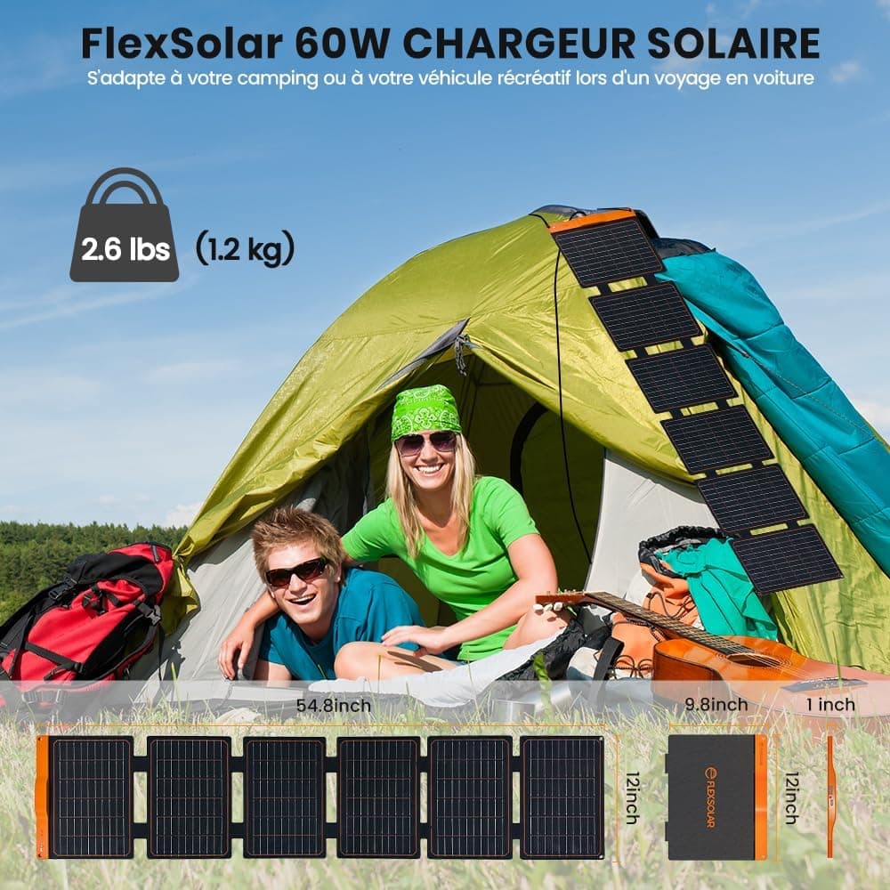 Panneau Solaire 60 W, FlexSolar Portable Chargeur Solaire Pliable
