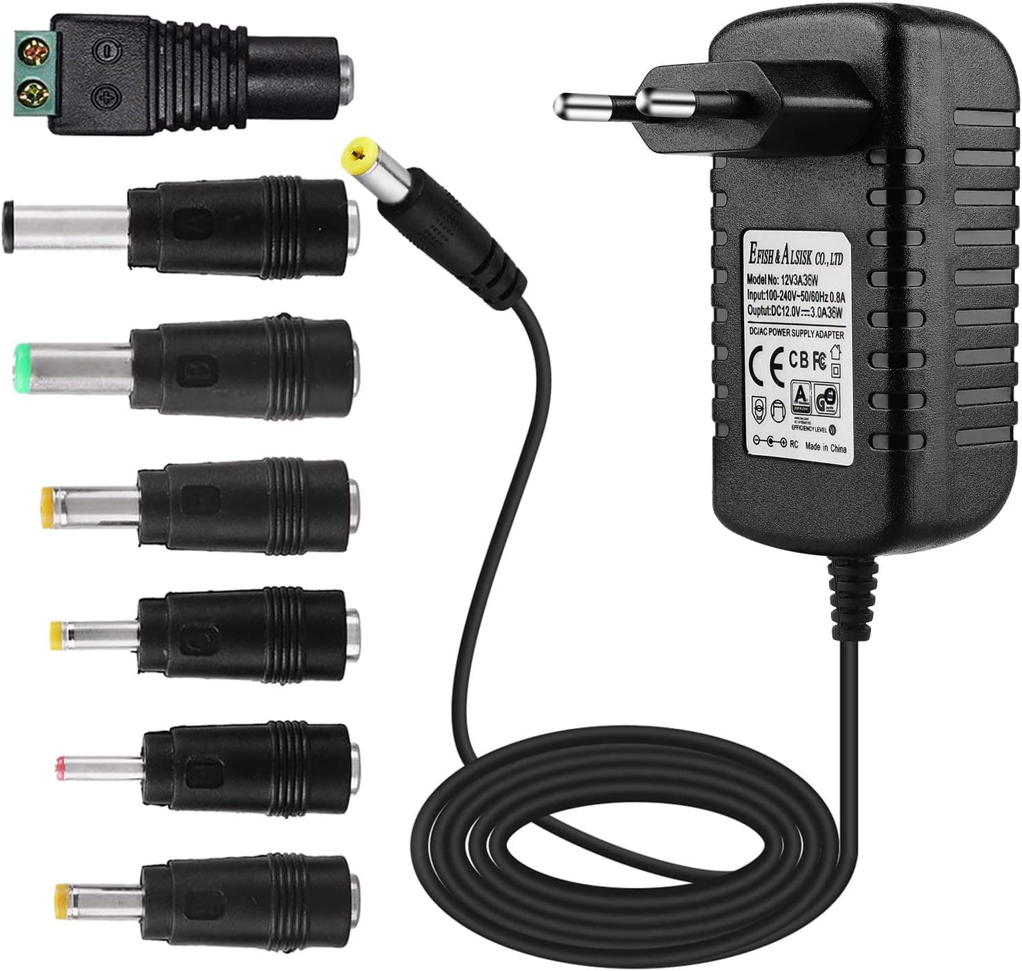 EFISH DC 12V 3A 36W Netzteil,Netzstecker für 12V Kleine elektronische Geräte,CCTV-Kamera,WLAN-Router,Hub,LED-Streifen,Telekom,Speedport,Scanner,Schalter,Türklingel+7 Verschiedene DC-Stecker