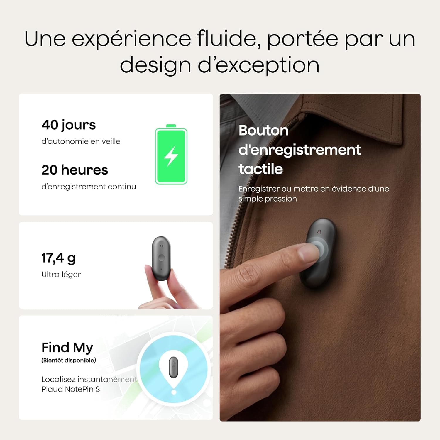 Plaud NotePin S Enregistreur Vocal IA avec Bouton Tactile Prise de Notes IA Transcription Résumé IA et Team Plan Dictaphone Enregistreur Numérique pour Réunions Interviews avec 4 Accessoires Gris