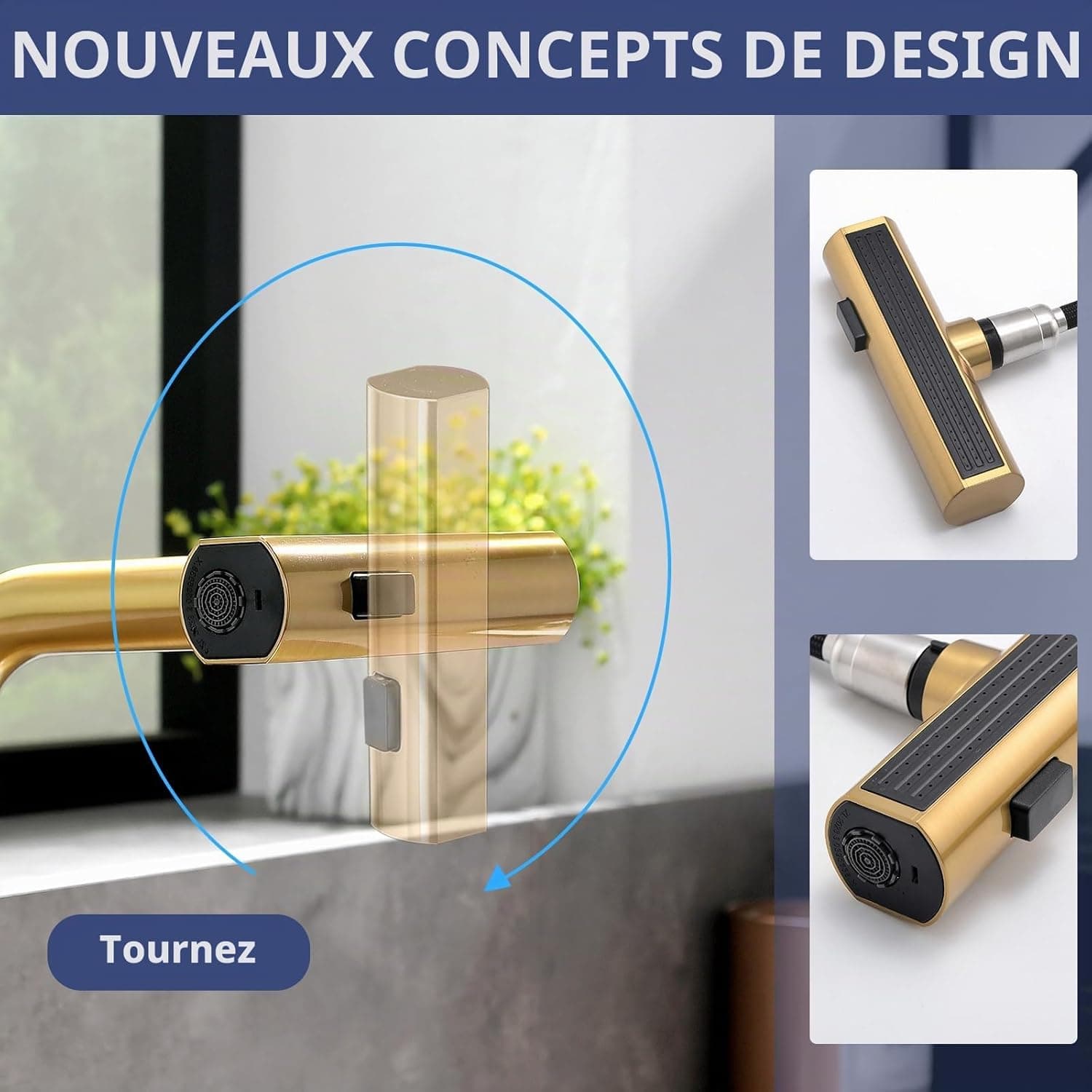 AIMADI Robinet de Cuisine Doré Élégant avec Flexibilité et 3 Jets - Robinet Évier Mitigeur à Poireau Pulvérisateur Extractible (Jet d'Eau, Cascade, Douche)