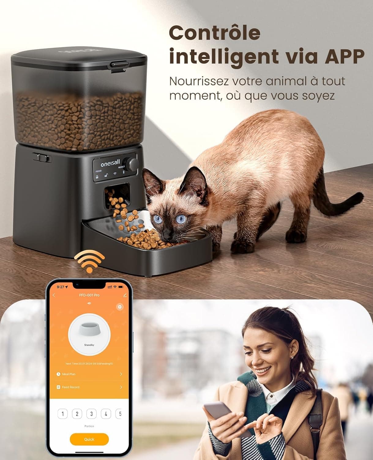 oneisall 3.5L Distributeur Croquettes Chat Automatique WiFi 2,4 GHz, Noir | Distributeur de Nourriture avec APP, Gamelle Automatique pour Chat/Chiens, Mangeoire Programmable, 1-10 Repas/Jour, Bol Inox