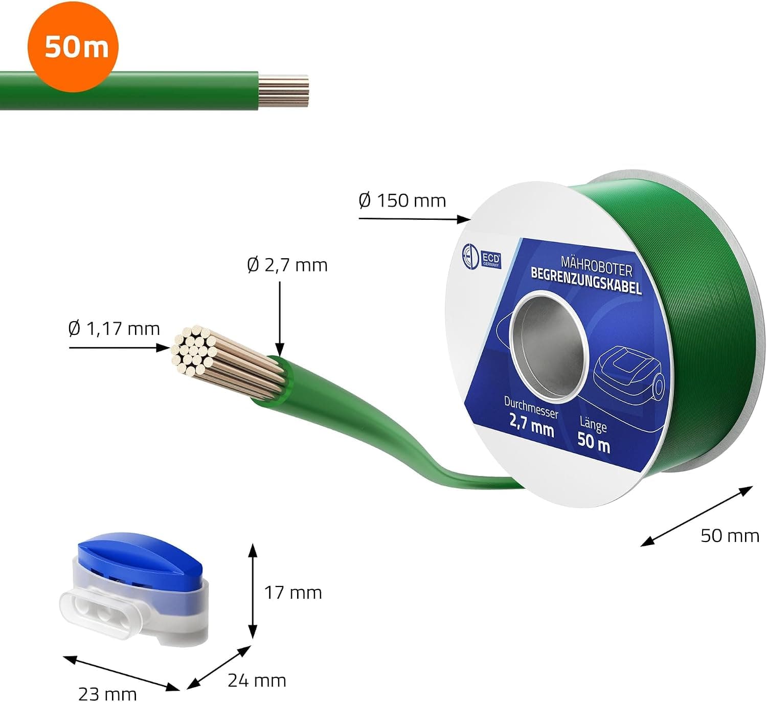 Câble de délimitation universel pour robot tondeuse ECD Germany, 12 connecteurs, Ø2,7 mm, cuivre étamé
