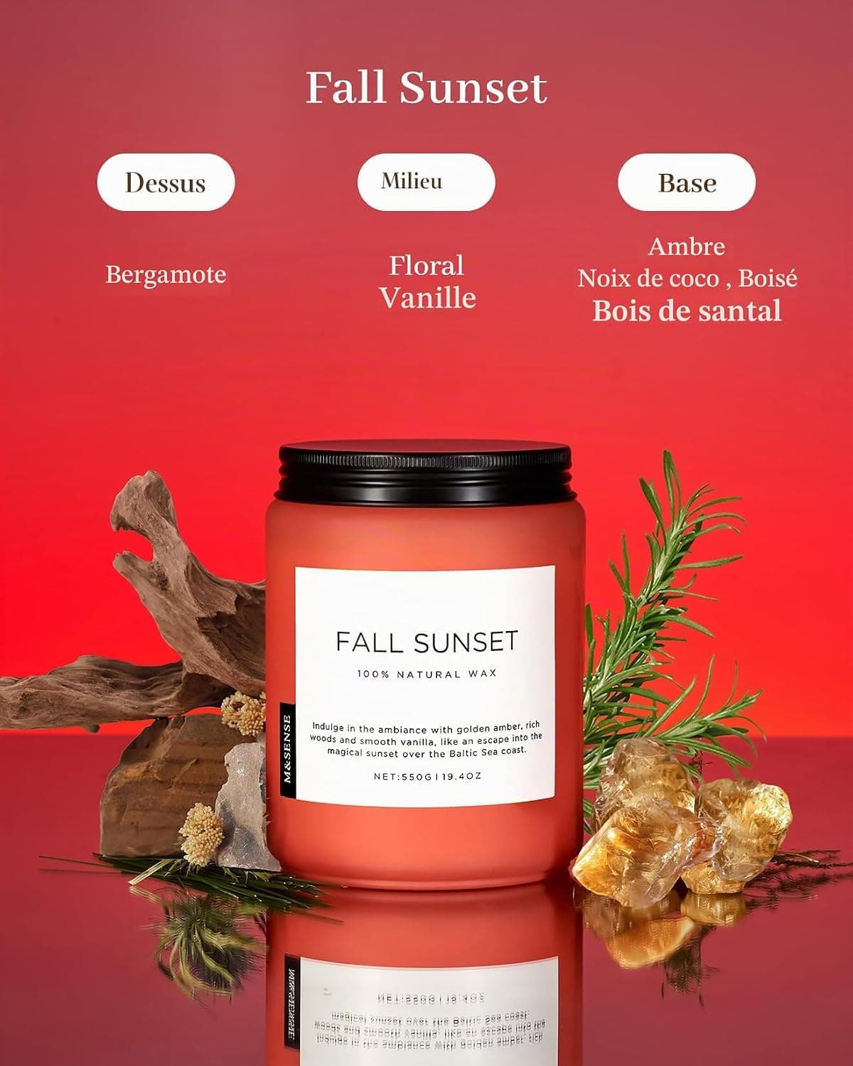 M&SENSE Bougie parfumée en Bois D'ambre, Grande Bougie de soja de 550 g, Durée de Combustion de 110 heures, Aromathérapie Lente Naturelle et Biologique, Bougie Cadeau pour les Femmes