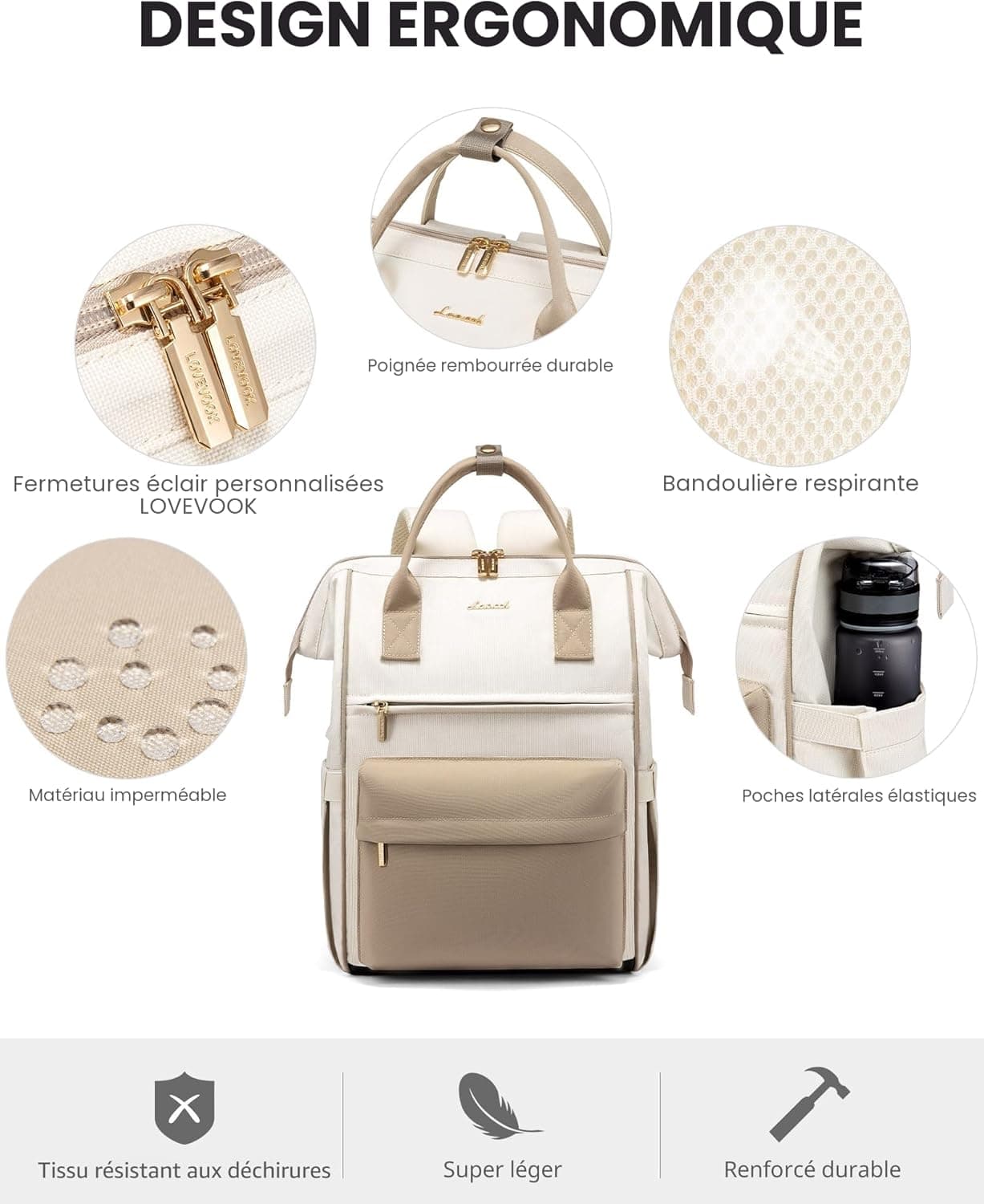 LOVEVOOK Sac a Dos Femme, 15.6 Pouces Sac à Dos Ordinateur Portable Voyage, Sac Travail Antivol pour Ordi Pc Etanche, Travel Backpack Pakkable pour Voyage Loisir Travail Affaire École College Kaki