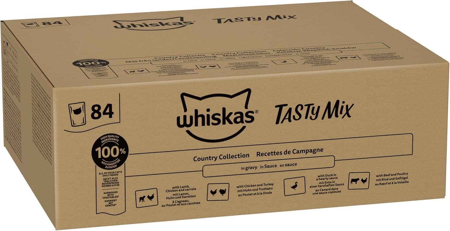 WHISKAS Repas pour Chat - 84 Sachets Fraîcheur de 85g - Pâtée pour Chat Adulte en Sauce - Tasty Mix Recettes de Campagne (4 Variétés) – Nourriture Humide Complète & Equilibrée, 84x85g