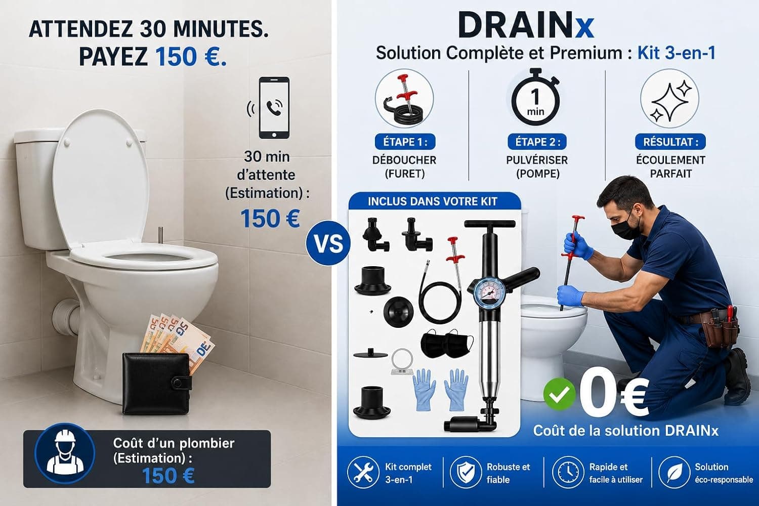 DRAINx Pro Kit Débouchage Canalisation 7 en 1 avec Furet Métallique, Gants et Masques