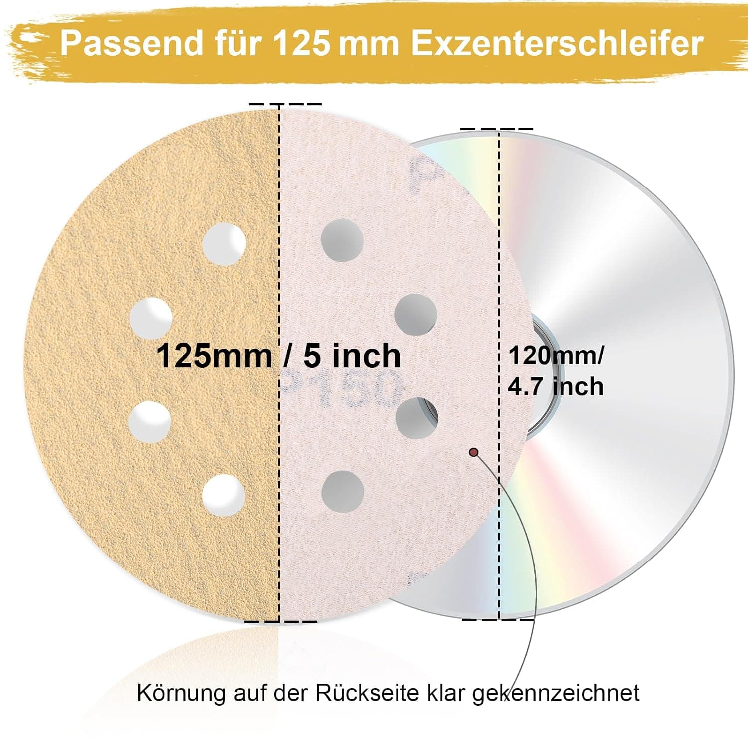 Disques Abrasifs 125mm –Lot de 100 Grain 150 Disque de Poncage 8 Trous Papier Abrasifs Pour Ponceuse Excentrique Bois Métal Peinture