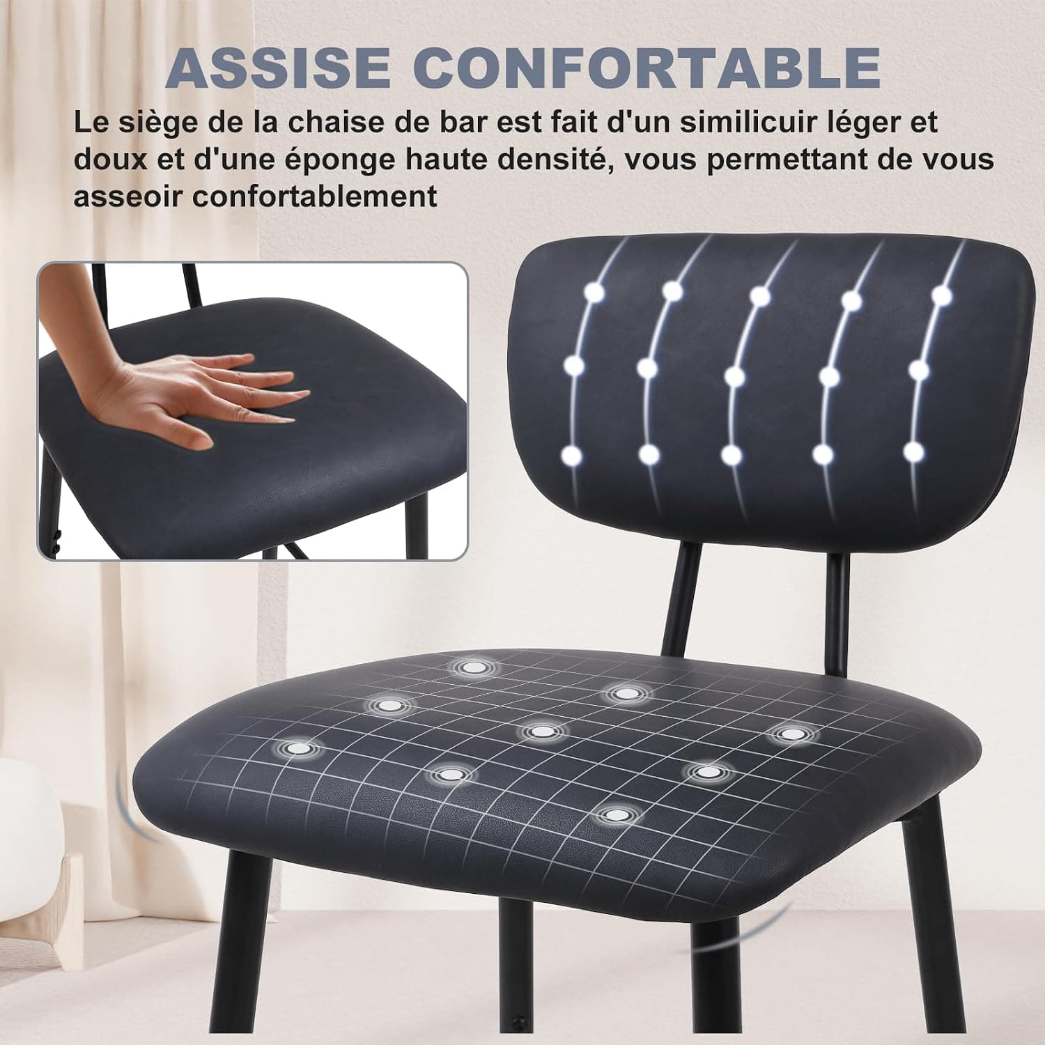 Tabouret de Bar Lot de 2, Chaise de Bar avec Dossier et Repose-Pieds, Tabourets Haute pour Cuisine Salle à Manger Bistro, Chaise 65 cm de Haut, Noir